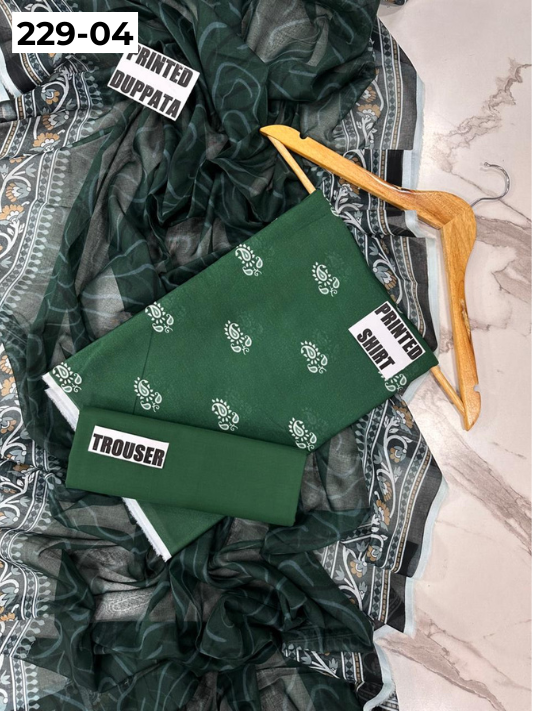 VOL 229 | DS 04 | DIGITAL PRINTED LAWN 3PC PRINTED LAWN SHIRT PLAIN TROUSER PRINTED VOIL DUPATTA