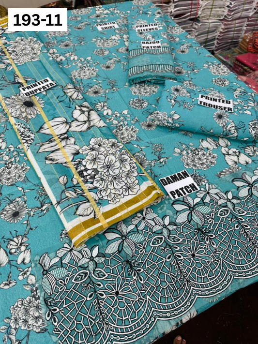 VOL 193 | DS 11 | DIGITAL PRINTED KARANDI 3PC | EMBROIDERED PATCHES | FANCY KARANDI DUPATTA