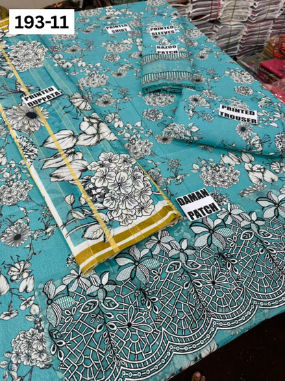 VOL 193 | DS 11 | DIGITAL PRINTED KARANDI 3PC | EMBROIDERED PATCHES | FANCY KARANDI DUPATTA