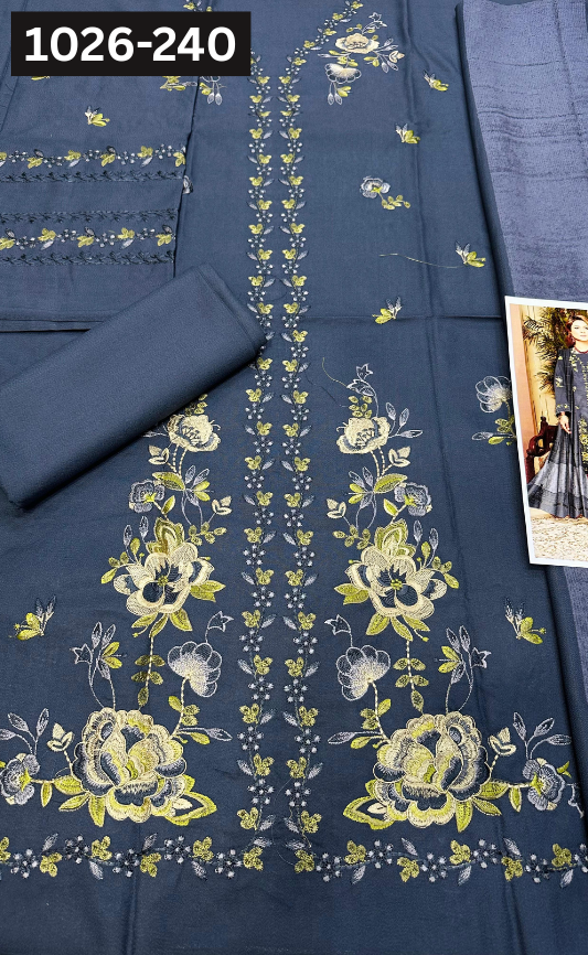 VOL 1026 | DS 240 | DHANAK DYED  EMBROIDERED 3PC DHANAK VELVET SHAWL