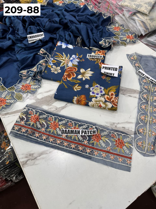 VOL 209 | DS 88 | LAWN 3PC PRINTED LAWN SHIRT ALONG WITH EMBROIDERED PATCHES PRINTED TROUSER EMBROIDERED DUPATTA