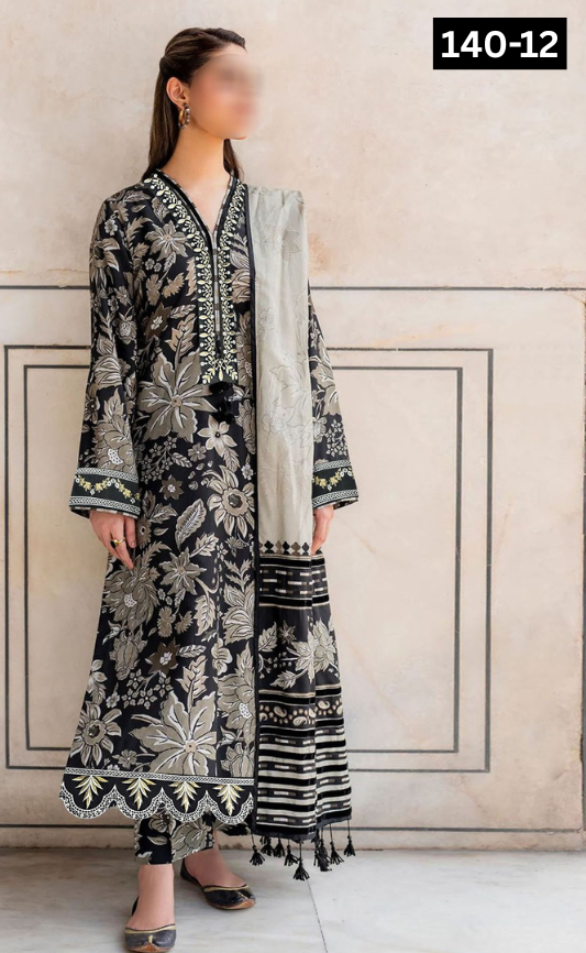 VOL 140 | DS 12 | DIGITAL PRINTED BANADORA LAWN 3PC | VOIL LAWN DUPATTA | EMBROIDERED ORAGANZA PATCHES