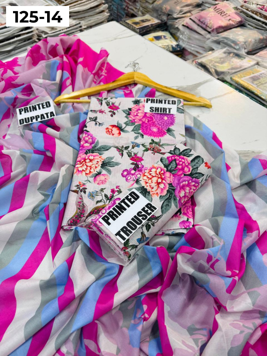 VOL 125 | DS 14 | DIGITAL PRINTED BANADORA LAWN 3PC VOIL LAWN DUPATTA