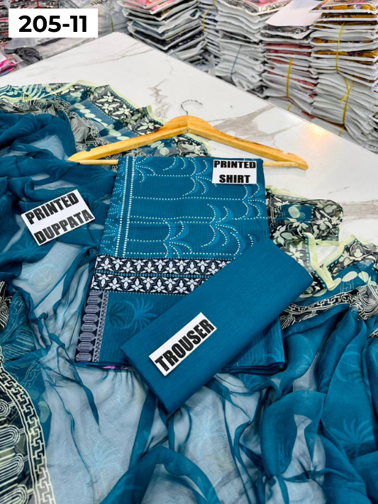 VOL 205 | DS 11 | DIGITAL PRINTED BANADORA LAWN SHIRT PLAIN TROUSER BAMBER CHIFFON DUPATTA