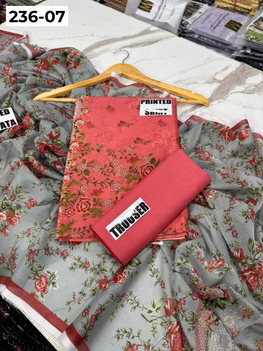 VOL 236 | DS 07 | MAUSUMMERY LAWN | DIGITAL PRINTED 3PC LAWN SHIRT PLAIN TROUSER PRINTED VOIL DUPATTA