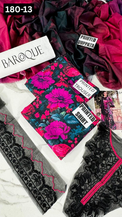 VOL 180 | DS 13 | DIGITAL PRINTED KHADDAR 3PC | EMBROIDERED PATCHES | KHADDAR DUPATTA