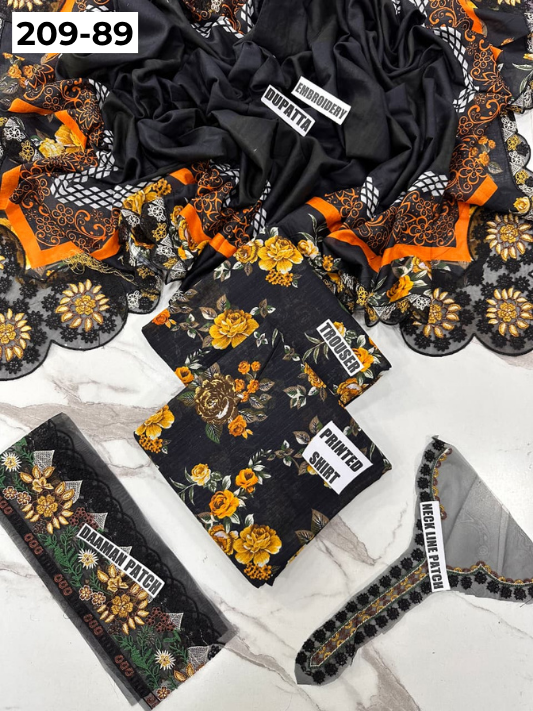 VOL 209 | DS 89 | LAWN 3PC PRINTED LAWN SHIRT ALONG WITH EMBROIDERED PATCHES PRINTED TROUSER EMBROIDERED DUPATTA