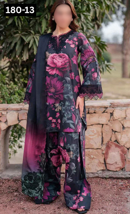 VOL 180 | DS 13 | DIGITAL PRINTED KHADDAR 3PC | EMBROIDERED PATCHES | KHADDAR DUPATTA