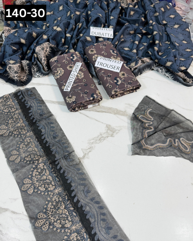 VOL 140 | DS 30 | DIGITAL PRINTED BANADORA LAWN 3PC | VOIL LAWN DUPATTA | EMBROIDERED ORAGANZA PATCHES