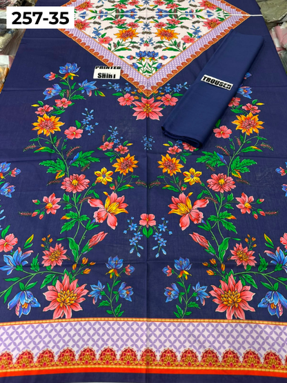 VOL 257 | DS 35 | PRINTED HIT CODES LAWN 2PC | DIGITAL PRINTED LAWN SHIRT, PLAIN COTTON TROUSER