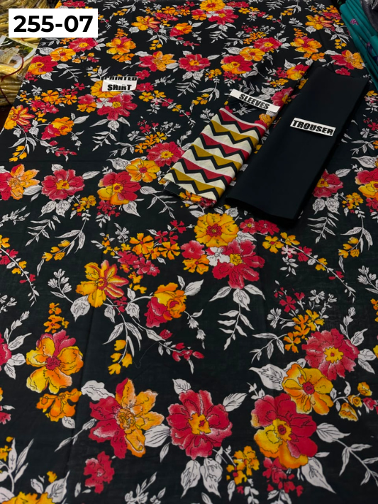 VOL 255 | DS 07 | PRINTED HIT CODES LAWN 2PC | DIGITAL PRINTED LAWN SHIRT PLAIN COTTON TROUSER