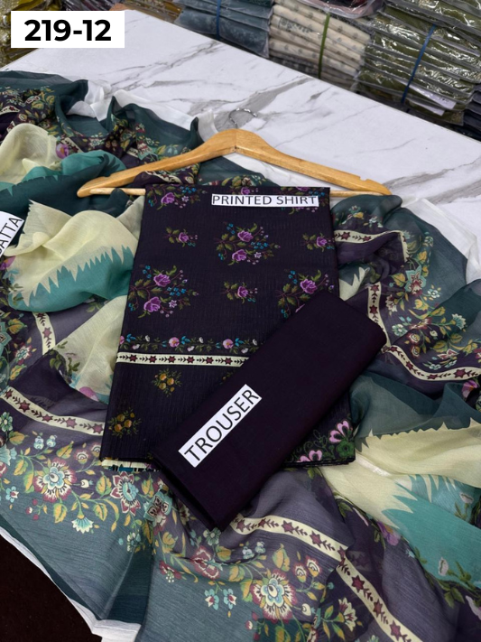 VOL 219 | DS 12 | ETHNC LAWN 3PC | DIGITAL PRINTED BANADORA LAWN SHIRT PLAIN TROUSER BAMBER CHIFFON DUPATTA