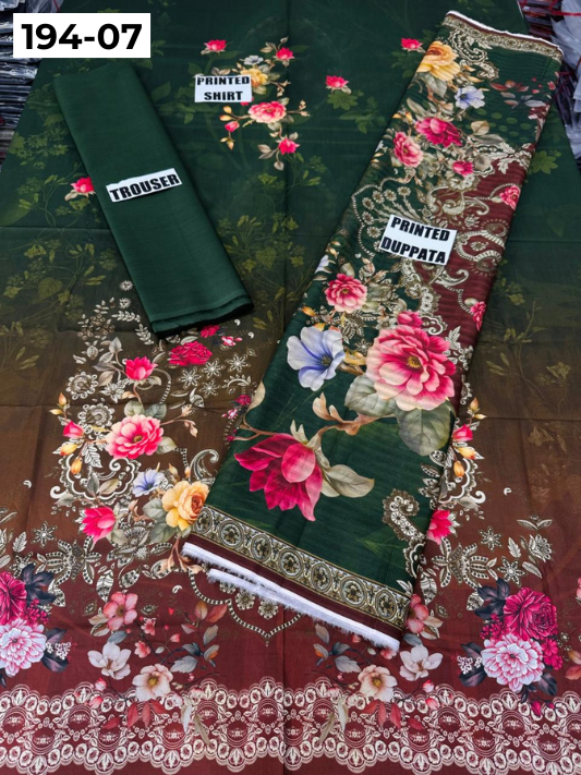 VOL 194 | DS 07 | Digital Printed Cotton Three Piece Doria Lawn Dupatta Plain Trouser