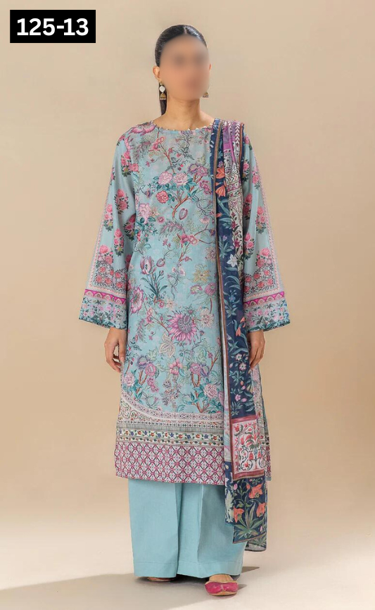 VOL 125 | DS 13 | DIGITAL PRINTED BANADORA LAWN 3PC VOIL LAWN DUPATTA
