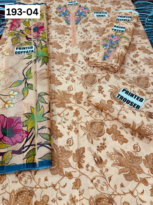 VOL 193 | DS 04 | DIGITAL PRINTED KARANDI 3PC | EMBROIDERED PATCHES | FANCY KARANDI DUPATTA