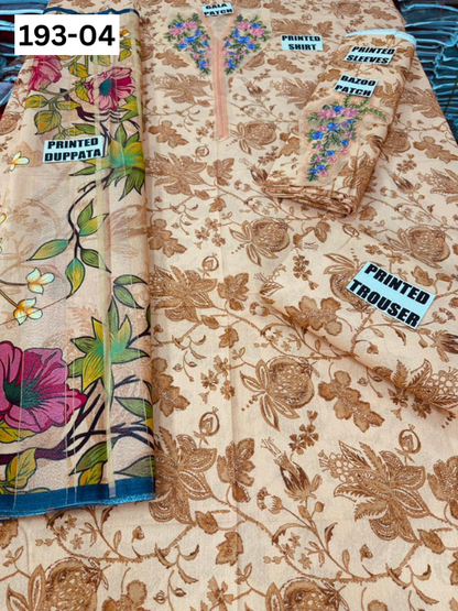 VOL 193 | DS 04 | DIGITAL PRINTED KARANDI 3PC | EMBROIDERED PATCHES | FANCY KARANDI DUPATTA