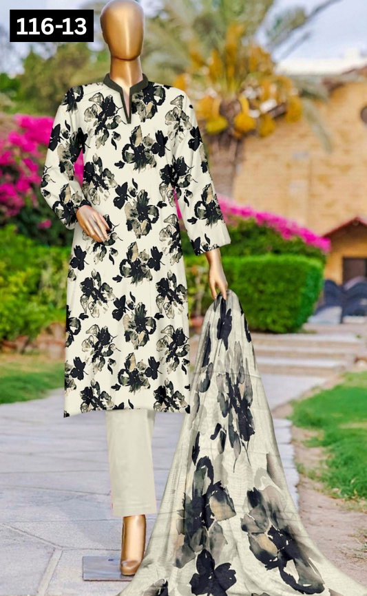 VOL 116 | DS 13 | DIGITAL PRINTED LAWN 3PC DYED TROUSER VOIL LAWN DUPATTA