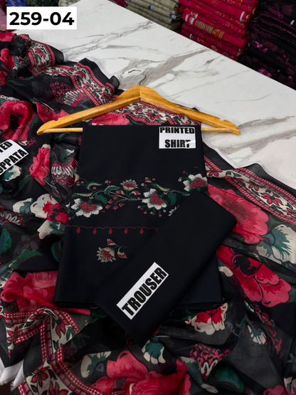VOL 259 | DS 04 | SHANAYA | DIGITAL PRINTED 3PC LAWN SHIRT, DYED TROUSER, PRINTED VOIL DUPATTA