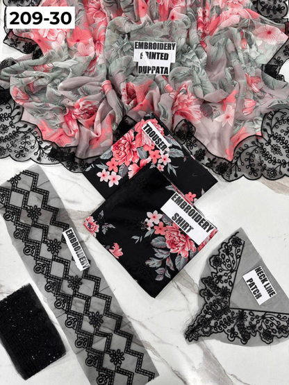 VOL 209 | DS 30 | LAWN 3PC PRINTED LAWN SHIRT ALONG WITH EMBROIDERED PATCHES PRINTED TROUSER EMBROIDERED DUPATTA