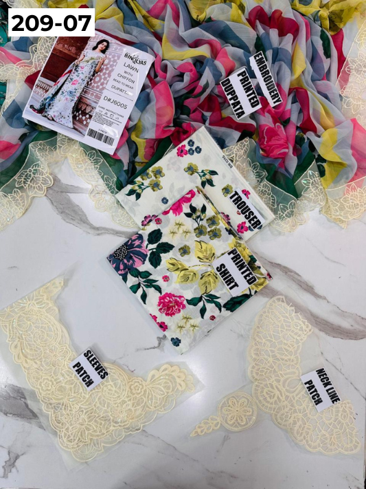 VOL 209 | DS 07 | LAWN 3PC PRINTED LAWN SHIRT ALONG WITH EMBROIDERED PATCHES PRINTED TROUSER EMBROIDERED DUPATTA