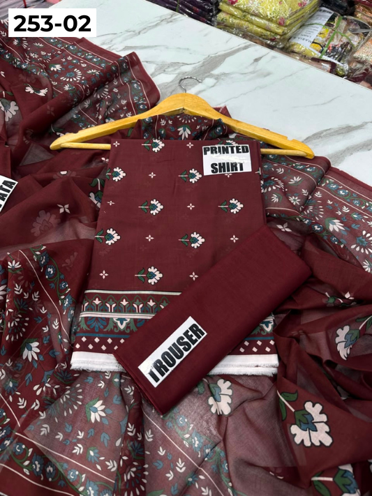 VOL 253 | DS 02 | GULNAAR | DIGITAL PRINTED 3PC LAWN SHIRT, DYED TROUSER, PRINTED VOIL DUPATTA