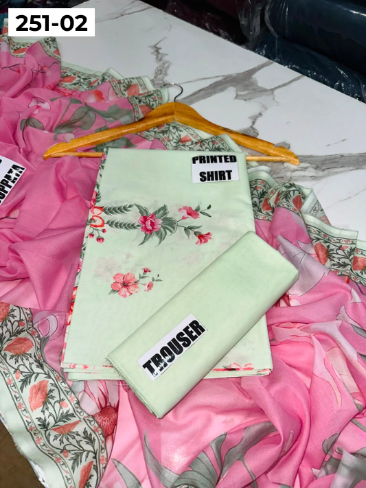 VOL 251 | DS 02 | Khaas | DIGITAL PRINTED 3PC LAWN SHIRT, DYED TROUSER, PRINTED VOIL DUPATTA