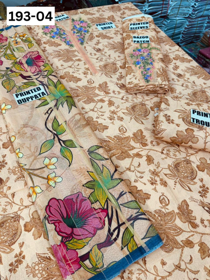 VOL 193 | DS 04 | DIGITAL PRINTED KARANDI 3PC | EMBROIDERED PATCHES | FANCY KARANDI DUPATTA