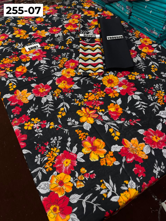 VOL 255 | DS 07 | PRINTED HIT CODES LAWN 2PC | DIGITAL PRINTED LAWN SHIRT PLAIN COTTON TROUSER