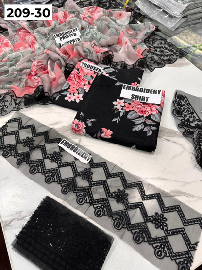 VOL 209 | DS 30 | LAWN 3PC PRINTED LAWN SHIRT ALONG WITH EMBROIDERED PATCHES PRINTED TROUSER EMBROIDERED DUPATTA
