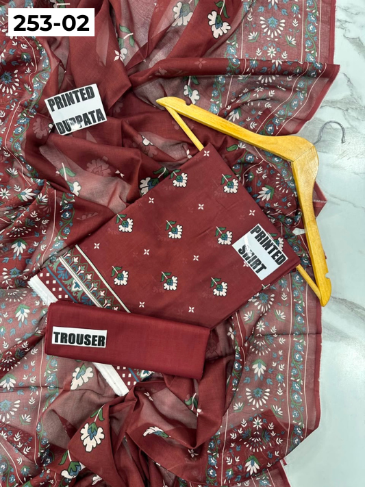 VOL 253 | DS 02 | GULNAAR | DIGITAL PRINTED 3PC LAWN SHIRT, DYED TROUSER, PRINTED VOIL DUPATTA