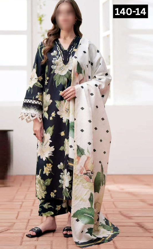 VOL 140 | DS 14 | DIGITAL PRINTED BANADORA LAWN 3PC | VOIL LAWN DUPATTA | EMBROIDERED ORAGANZA PATCHES