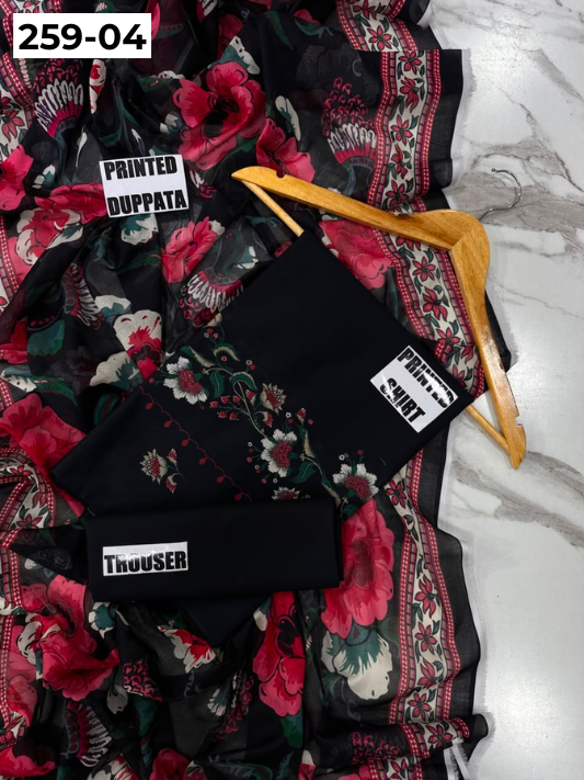 VOL 259 | DS 04 | SHANAYA | DIGITAL PRINTED 3PC LAWN SHIRT, DYED TROUSER, PRINTED VOIL DUPATTA