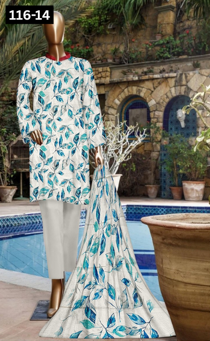 VOL 116 | DS 14 | DIGITAL PRINTED LAWN 3PC DYED TROUSER VOIL LAWN DUPATTA