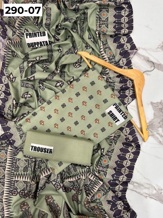 VOL 290 | DS 07 | PREMIUM DHANAK WINTER COLLECTON - DIGITAL PRINTED 3 PIECE SUIT | Printed Shirt with Neck Design | Plain Dyed Matching Trouser | Printed Dupatta