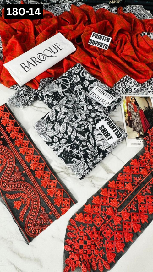 VOL 180 | DS 14 | DIGITAL PRINTED KHADDAR 3PC | EMBROIDERED PATCHES | KHADDAR DUPATTA