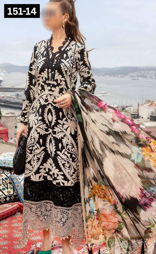 VOL 151 | DS 14 | DIGITAL PRINTED LINEN 3PC LINEN DUPATTA