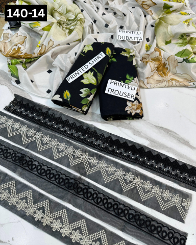 VOL 140 | DS 14 | DIGITAL PRINTED BANADORA LAWN 3PC | VOIL LAWN DUPATTA | EMBROIDERED ORAGANZA PATCHES