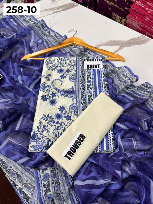 VOL 258 | DS 10 | GulBANO | DIGITAL PRINTED 3PC LAWN SHIRT, DYED TROUSER, PRINTED VOIL DUPATTA