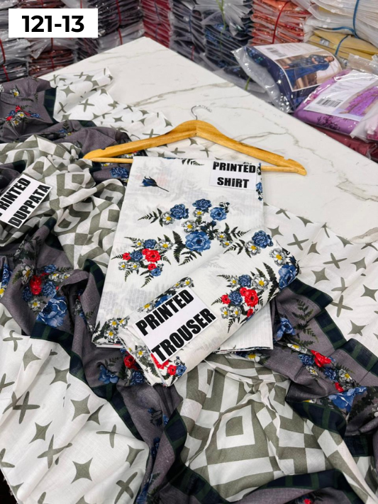 VOL 121 | DS 13 | DIGITAL PRINTED BANADORA LAWN 3PC VOIL LAWN DUPATTA