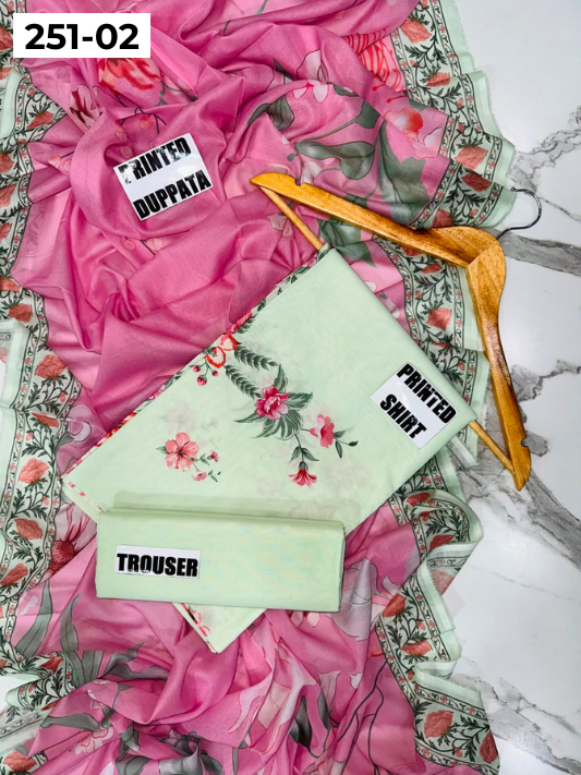 VOL 251 | DS 02 | Khaas | DIGITAL PRINTED 3PC LAWN SHIRT, DYED TROUSER, PRINTED VOIL DUPATTA