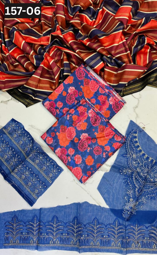 VOL 157 | DS 06 | DIGITAL PRINTED LINEN 3PC | LINEN DUPATTA | EMBROIDERED ORAGANZA PATCHES