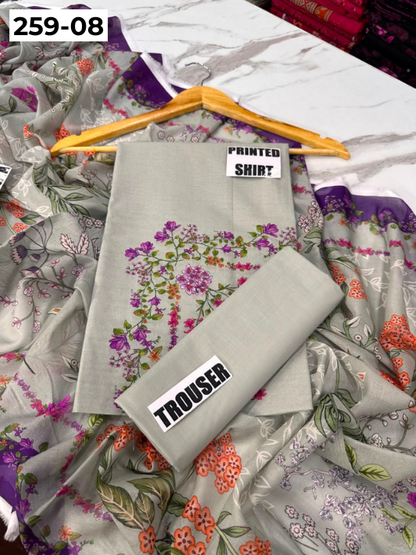 VOL 259 | DS 08 | SHANAYA | DIGITAL PRINTED 3PC LAWN SHIRT, DYED TROUSER, PRINTED VOIL DUPATTA