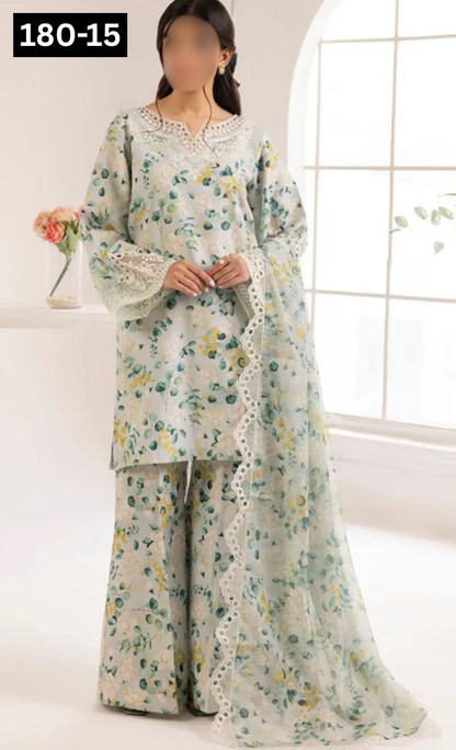 VOL 180 | DS 15 | DIGITAL PRINTED KHADDAR 3PC | EMBROIDERED PATCHES | KHADDAR DUPATTA