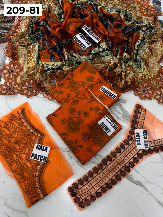 VOL 209 | DS 81 | LAWN 3PC PRINTED LAWN SHIRT ALONG WITH EMBROIDERED PATCHES PRINTED TROUSER EMBROIDERED DUPATTA