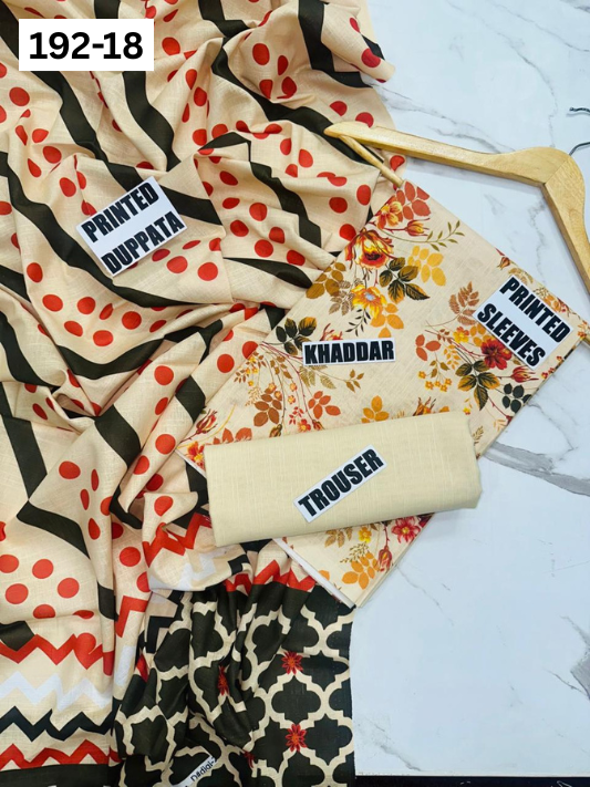 VOL 192 | DS 18 | DIGITAL PRINTED KHADDAR 3PC DYED TROUSER