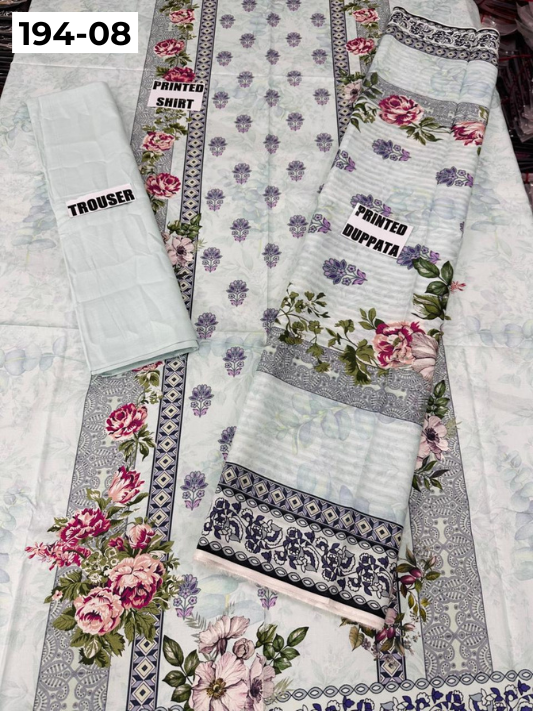 VOL 194 | DS 08 | Digital Printed Cotton Three Piece Doria Lawn Dupatta Plain Trouser