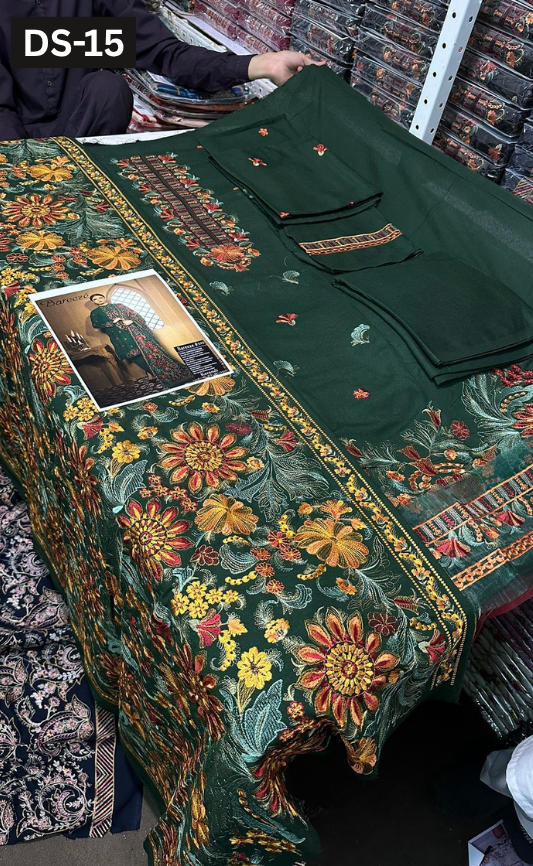 BAREEZE KARANDI | DS 15| KARANDI EMBROIDERED 3PC WITH EMBROIDERED SHAWL