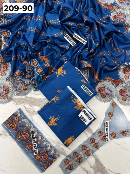 VOL 209 | DS 90 | LAWN 3PC PRINTED LAWN SHIRT ALONG WITH EMBROIDERED PATCHES PRINTED TROUSER EMBROIDERED DUPATTA