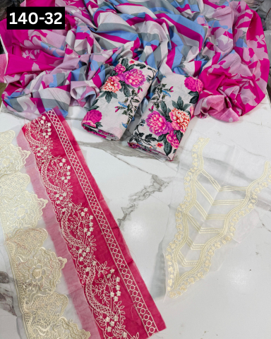 VOL 140 | DS 32 | DIGITAL PRINTED BANADORA LAWN 3PC | VOIL LAWN DUPATTA | EMBROIDERED ORAGANZA PATCHES