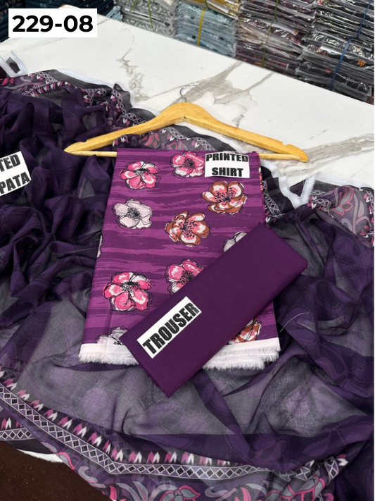 VOL 229 | DS 08 | DIGITAL PRINTED LAWN 3PC PRINTED LAWN SHIRT PLAIN TROUSER PRINTED VOIL DUPATTA